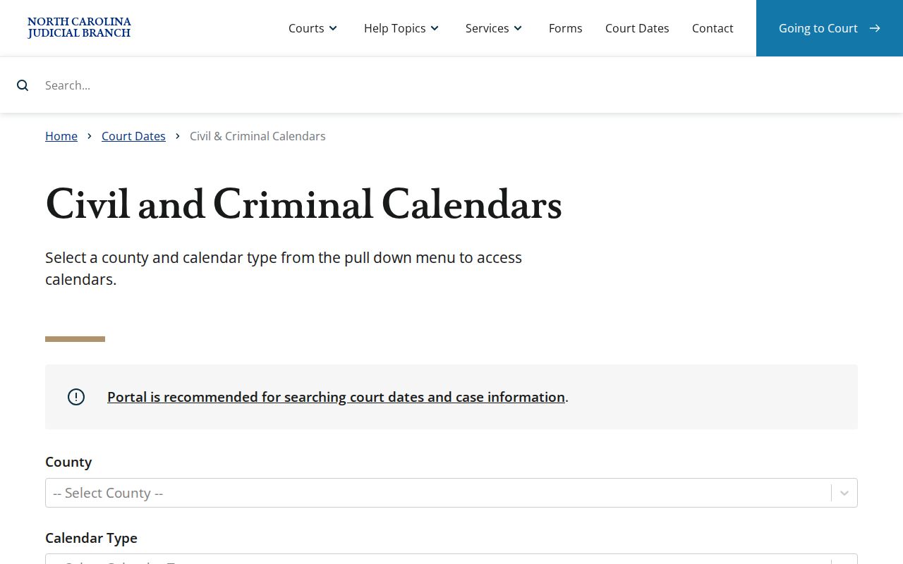 Catawba County court calendar North Carolina calendar interface