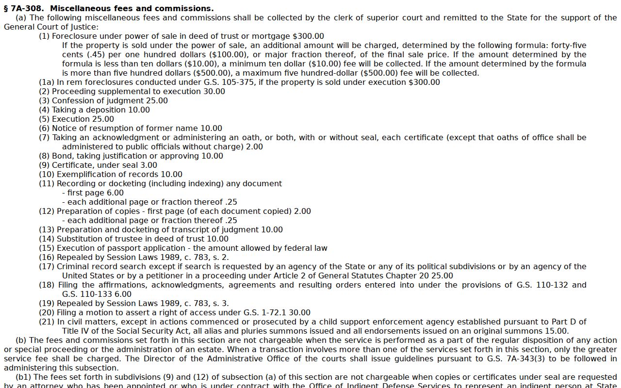 Catawba court record clerk copy and certification fee statute