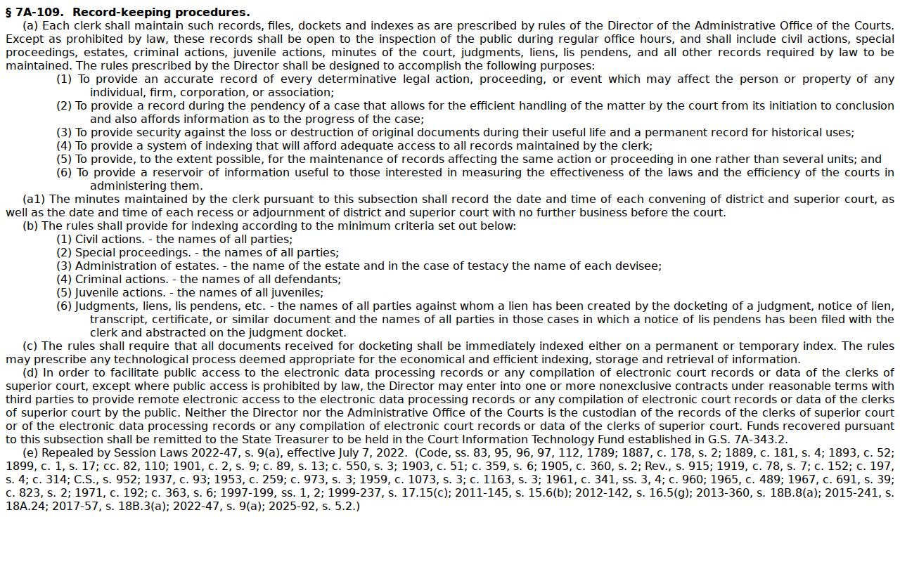 Catawba County court docket clerk recordkeeping statute